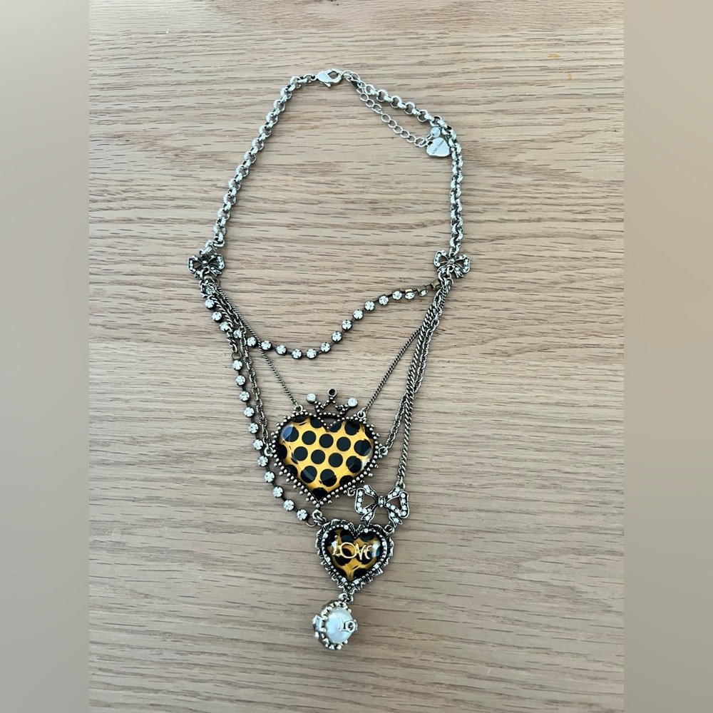 BETSEY JOHNSON Vintage 90s Y2K Polka Dot Heart love Keys Statement Necklace
